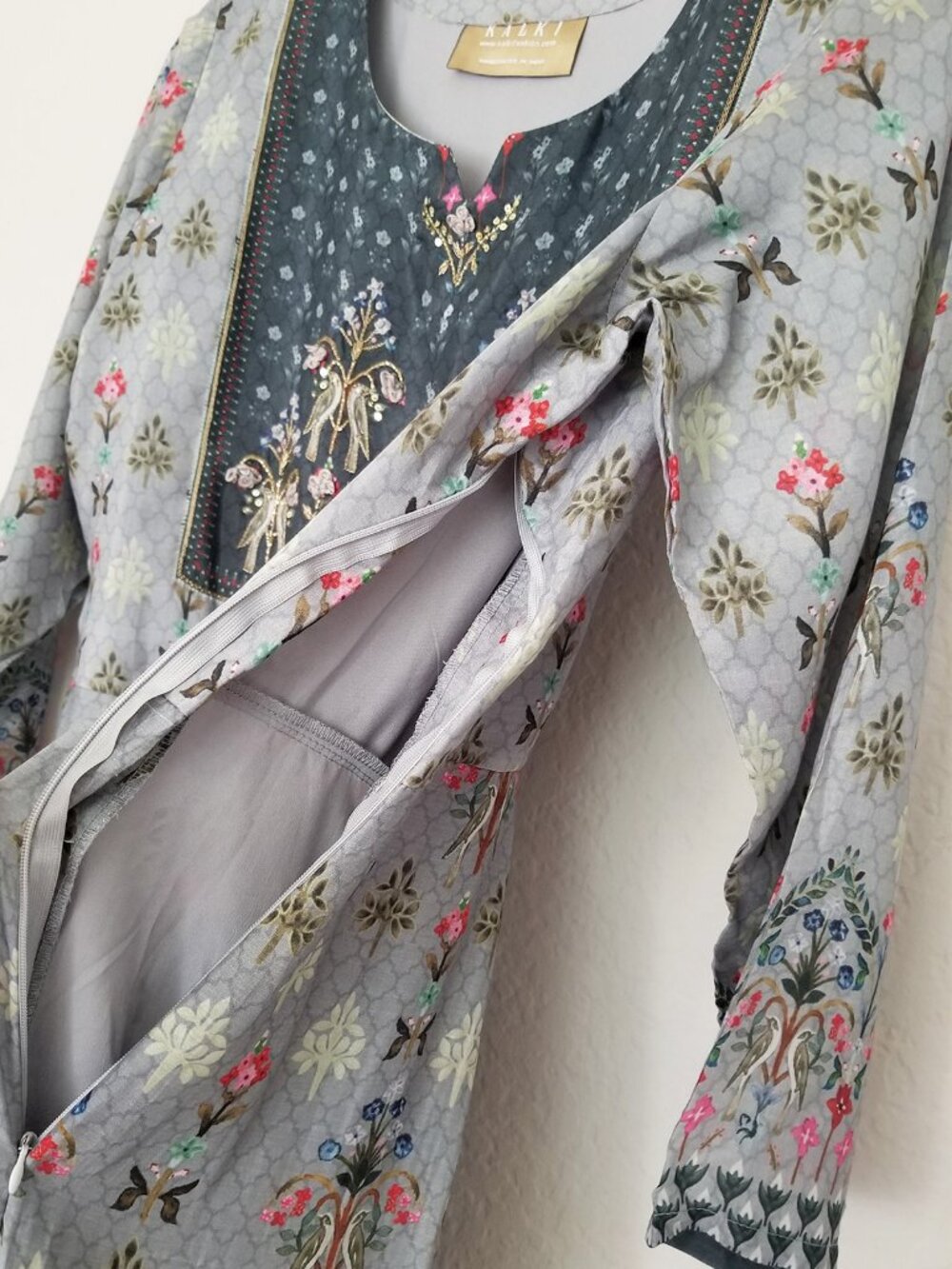Kalki Cloud Grey Cotton Silk Beaded Embroidered Maxi Dress L Gown India Boho - Picture 15 of 16